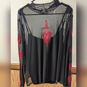 Social Collision Red Heart Dagger Black Mesh Girls Twofer Long Sleeve Top Plus